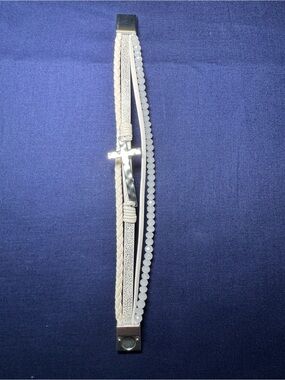White Multi-Strand Cross Bracelet with Silver Accent
